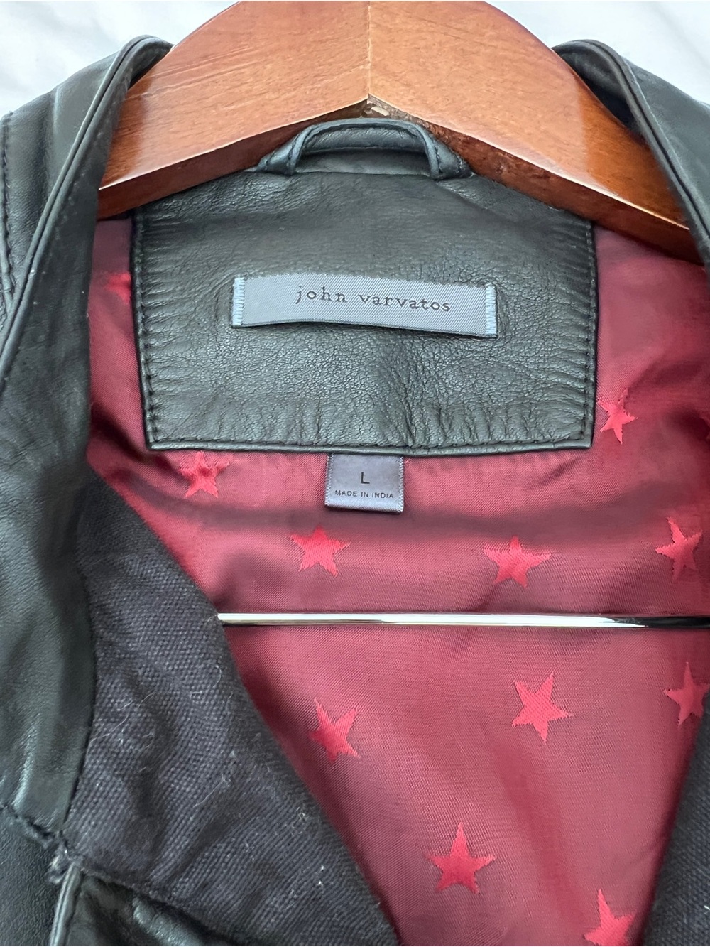 John Varvatos Black Leather Jacket with Red Star Lining - Picture 2 of 7